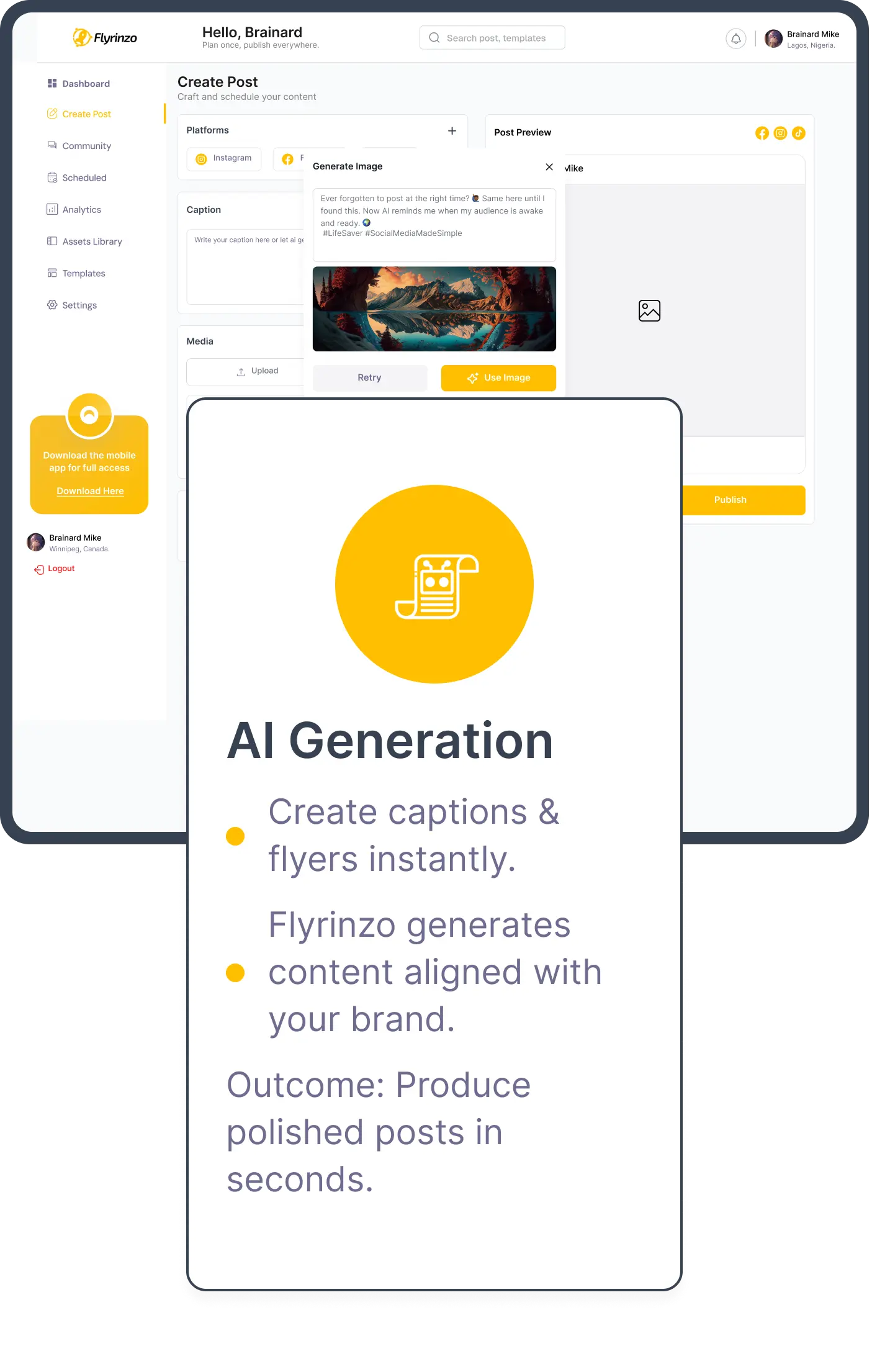 AI Generation — create captions and flyers instantly