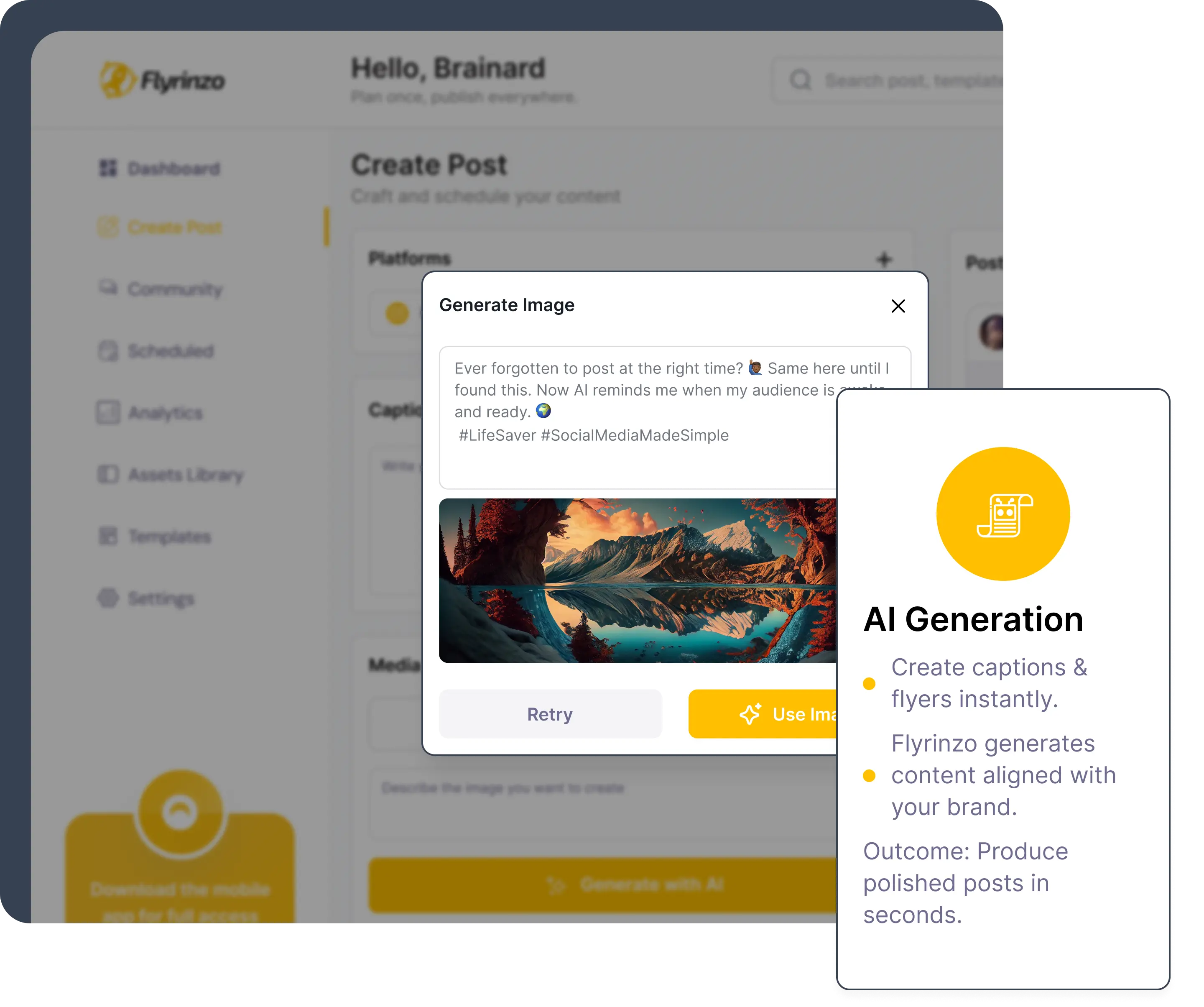AI Generation — create captions and flyers instantly
